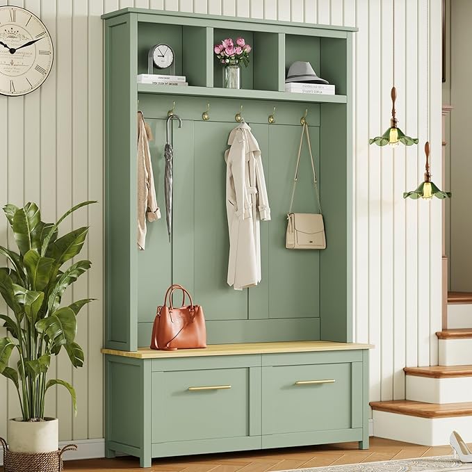 Merax Versatile 4-in-1 Hall Tree with 6 Golden Hooks, Wood Grain Bench with Multiple Storage Space, Entryway Coat Rack with 2 Drawers for Living Room, Hallway, Mint Green