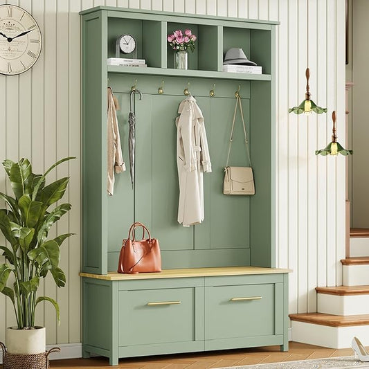 Merax Versatile 4-in-1 Hall Tree with 6 Golden Hooks, Wood Grain Bench with Multiple Storage Space, Entryway Coat Rack with 2 Drawers for Living Room, Hallway, Mint Green