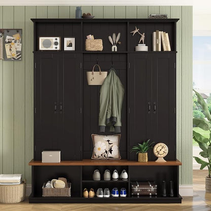 Hall Tree with Bench and Shoe Storage,Shoe and Coat Rack with Drawer and Hooks,Farmhouse Furniture for Entryway,Mudroom,Living Room,Black (Black, 62.2" W)
