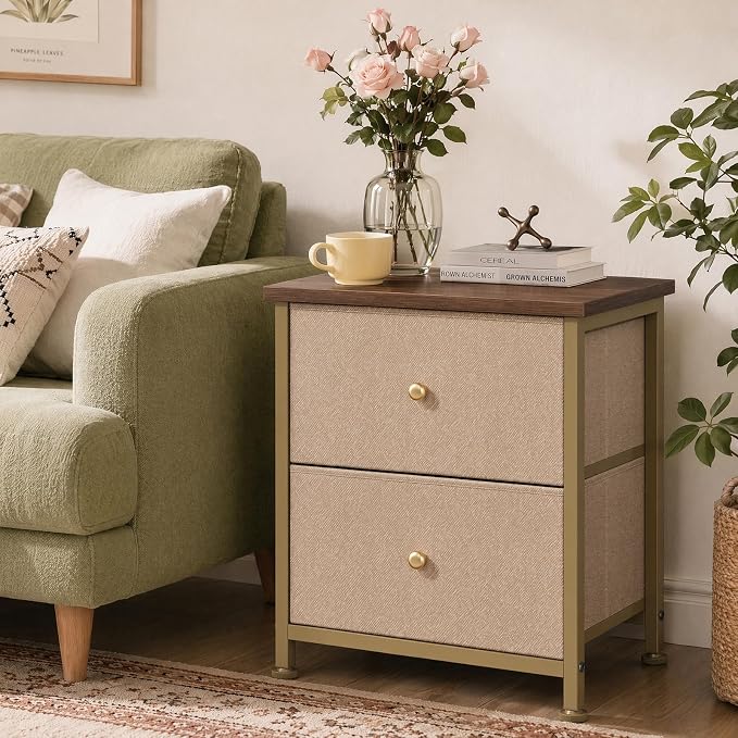 Sweetcrispy Nightstand with 2 Storage Drawers, Small Bedside Table, Khaki | 20" Height End Table, Wooden Top Fabric Cabinet for Bedroom, Furniture, Closet, College Dorm