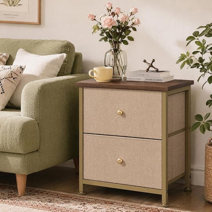 Sweetcrispy Nightstand Set of 2 with 2 Storage Drawers, Small Bedside Table | 20" Height Furniture End Table, Wooden Top Fabric Cabinet for Bedroom, Closet, Entryway, Khaki 2Pack