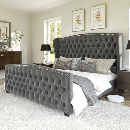 AMERLIFE King Size Platform Bed Frame, Velvet Upholstered Bed with Deep Button Tufted & Nailhead Trim Wingback Headboard/No Box Spring Needed/Grey