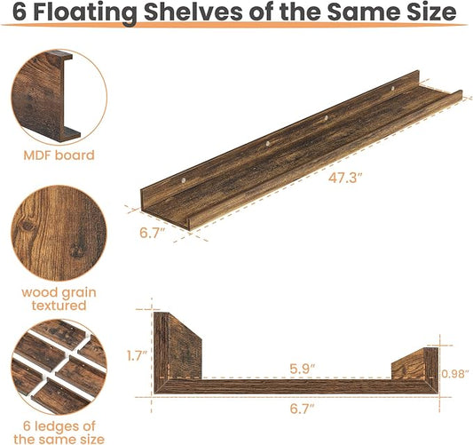 upsimples Floating Shelves for Wall, 47.3 Inch Shelves for Decor Storage Set of 6, Wall Mounted Wood Shelf for Bedroom, Living Room, Bathroom, Kitchen, Long Picture Ledge Shelves, Brown