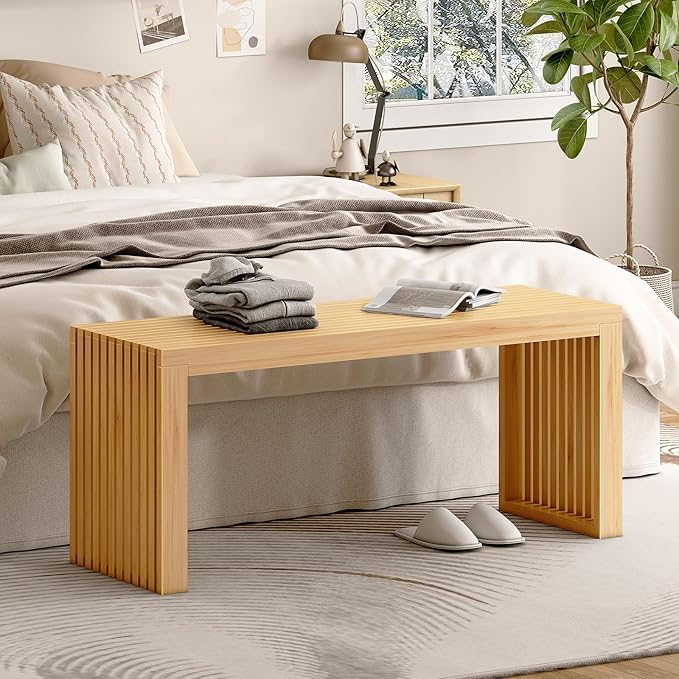 Bamboo Dining Bench, 35'' Slatted Design Entryway Bench, Natural | Modern Solid Bamboo Seating Bench for Indoor & Outdoor Use, Ideal for Kitchen, Hallway, Bedroom