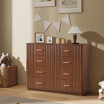 Fluted Dresser for Bedroom with 8 Drawers, 47" Wide Mid Century Modern Chest of Drawers, Wooden Dresser TV Stand, Wood Closet Clothes Storage Organizer for Living Room Hallway, Walnut
