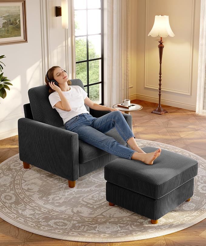 Welzona 25.2" Couches for Living Room, Comfy Grey Ottoman with Storage, Foot Rest Tool-Free Setup, Small Ottoman Foot Rest for Couch, Corduroy Couch for Bedroom, Apartment, Office