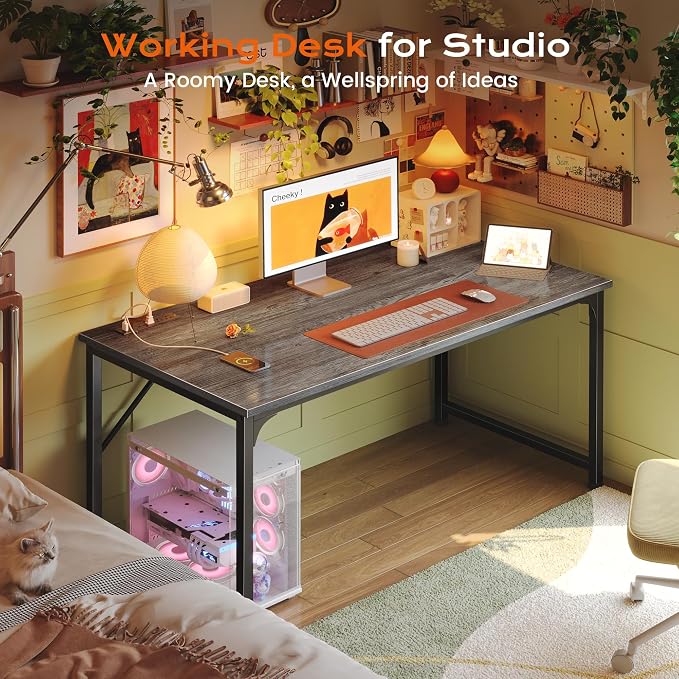 PRAISUN 47 X 24 Inch Deeper Desk with Power Outlets | Computer Desk for Bedroom, Office Desk for Work from Home, Writing Study Gaming Table, Stable Metal Frame, Grey