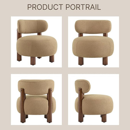Modern Boucle Accent Chair, with Plush Faux Sherpa Upholstery, Curved Backrest, Solid Wood Legs for Living Room Bedroom Reading Nook, 27.5", Camel