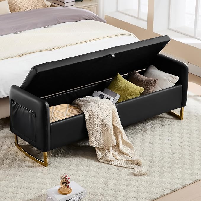 65" End of Bed Storage Bench, Modern Storage Benches for Foot of Bed with Tufted Button and Gold Legs, Upholstered Faux Leather Window Ottoman Benches with Armrests, Black