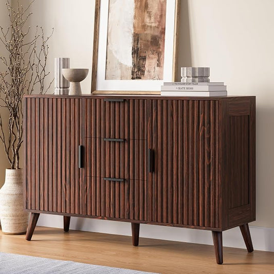 47.2" Fluted Sideboard Buffet Cabinet with 3 Drawers, Walnut Modern Buffet Cabinet with Storage, Large Storage Cabinets with 2 Doors Accent Credenza for Living Room|Kitchen|Entryway