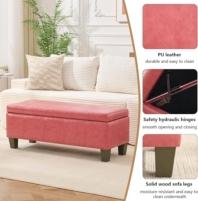 41" Storage Ottoman, Storage Bench with Safety Hinge, Upholstered Synthetic Leather Ottoman Bench for Bedroom, Living Room, Entryway, Hallway, Foot Rest, Support 500lbs