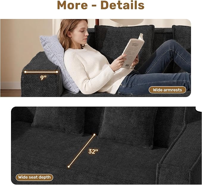 Luxanimarion 77'' Modern Small Loveseat, No Assembly Required Cloud Sofa Cloud Sofa Boneless Couches with 2 pcs Pillows for Living Room, Apartment(Polar Fleece-Black)