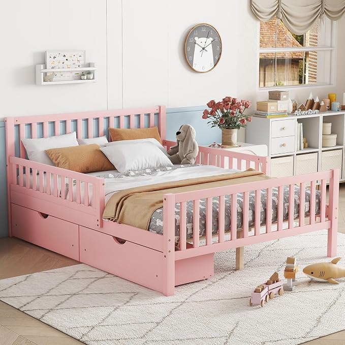 Kids Full Size Bed Frame with Storage Drawers, Wood Full Bed Frames for Kids, Full Bed Frame with Headboard and Footboard for Boys Girls, No Box Spring Needed,Pink