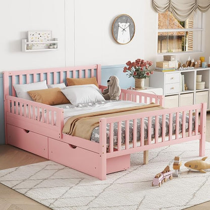 Kids Full Size Bed Frame with Storage Drawers, Wood Full Bed Frames for Kids, Full Bed Frame with Headboard and Footboard for Boys Girls, No Box Spring Needed,Pink