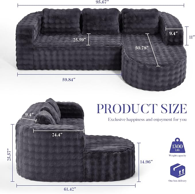 Hobestluk Modular Sectional Sofa Couches L-Shape Couch 3 Seat Modular Sofa Memory Foam Sectional Couches for Living Room, Cloud Couch (Round Ash Grey, 96", Right Hand Facing)