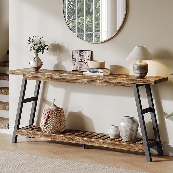 ChooChoo 70.9 Inch Long Console Tables for Entryway, Wood 2-Tier Entry Hallway Table, Narrow Sofa Table Behind Couch Table for Living Room, Entrance, Rustic Brown