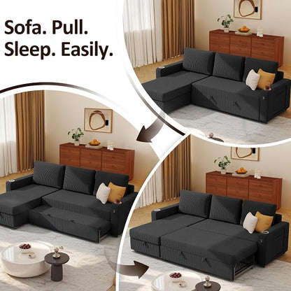 Ball & Cast 80" Sectional Sleeper Sofa Bed Pull Out Couches for Living Room | L Shaped Convertible Pull Out Sofa Bed with Storage Chaise, LED Lights, Foldable Table, USB Ports, Cup Holder and Side Pocket