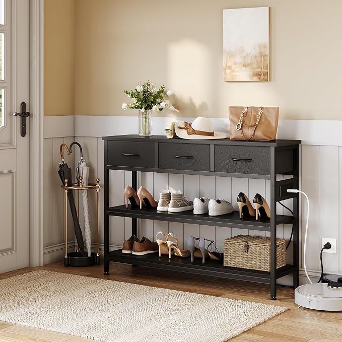 Lulive Entryway Table with Outlets, 3 Fabric Drawers, 43 in Console Table | 43.3"W x 11.8"D entry table with 2 outlets, 2 USB ports, swappable plug side, adjustable feet and anti-tip kit.