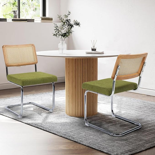 KROFEM Dining Chairs Set of 2,Modern Rattan Kitchen Chairs,Green | Mid Century Modern Design,Polished Chrome Frame,Upholstered Seat
