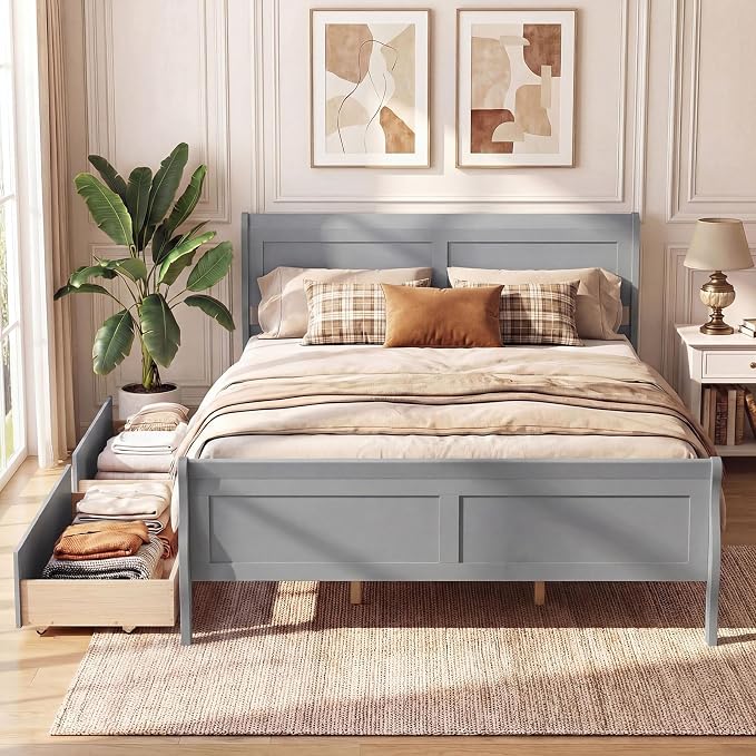 Giantex Queen Bed Frame with 2 Storage Drawers, Wood Platform Bed w/Headboard & Footboard, Wooden Slats Support Mattress Foundation, Sleigh Bedframe for Teens Adults, No Box Spring Needed (Grey)