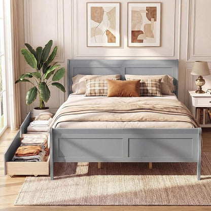 Giantex Queen Bed Frame with 2 Storage Drawers, Wood Platform Bed w/Headboard & Footboard, Wooden Slats Support Mattress Foundation, Sleigh Bedframe for Teens Adults, No Box Spring Needed (Grey)