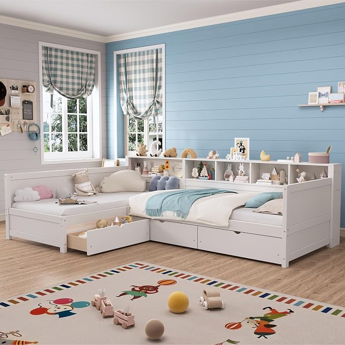 Bellemave L Shaped Corner Bed for 2 Kids, Double Twin Platform BedFrame with 3 Storage Drawers and Shelves, White
