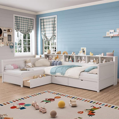 Bellemave L Shaped Corner Bed for 2 Kids, Double Twin Platform BedFrame with 3 Storage Drawers and Shelves, White