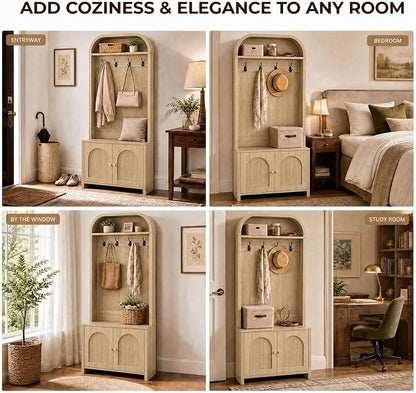 Narrow Entryway Hall Tree with Storage Bench, Modern Fluted Coat Rack and 2-Door Shoe Cabinet for Small Spaces, Arched Mudroom Organizer to Hide Clutter, Natural