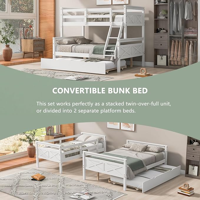 Merax Trundle Bunk Bed, Twin Over Full Wood Bunk Bed with Twin Size Trundle and Ladder, 3-in-1 Convertible to 2 Separate Beds, Solid Wood Frame with Guardrail, White
