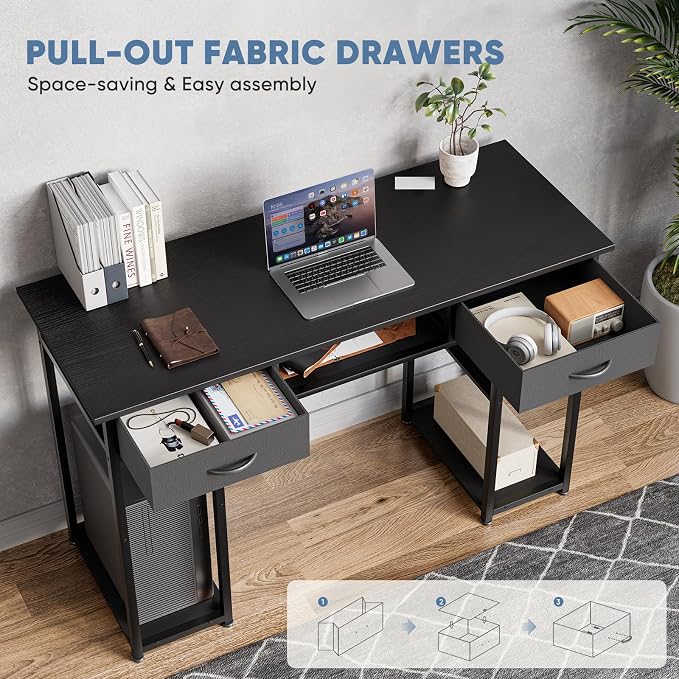DUMOS 48" Small Computer Home Office Desk for Bedroom with Drawers, Gaming Writing Study Table with Storage Shelf, Adjustable Feet, Compact Desk for Gaming and Home Office Use, Black