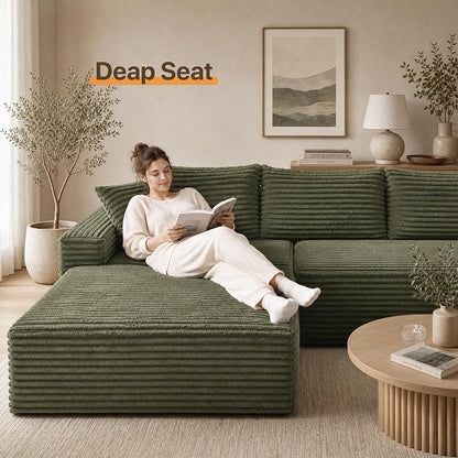 Claiks 104" Boneless Couch, Cloud Couch Sectional, L-Shape Corduroy Modular Sectional Sofa Deep Seat, Upholstered Couches for Living Room, No Assembly Required, Green