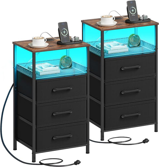 JARHETUN Night Stand Set 2 with Charging Station, 3 Drawer Nightstands with LED Lights, End Table with Outlets and USB Ports, Side Table with Open Shelf, Bedside Tables for Bedroom, Rustic Brown