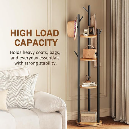 Espelism Rotary Coat Rack Freestanding Metal Coat Hall Tree Stand with 4 Tiers Storage Display Shelf and 9 Hooks for Entryway Bedroom Corner Office Garment Clothes Holder (Brown)