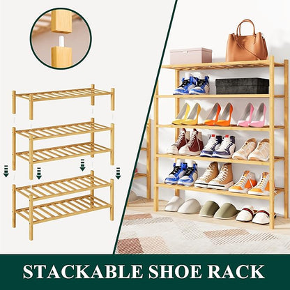Smiry Shoe Rack, 3 Tier Bamboo Shoe Organizer, Stackable Free Standing Wooden Shoe Storage Shelf for Closet, Entryway, Front Door Entrance, Natural (Pack of 2)
