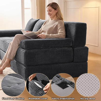 78.7IN Folding Sofa Bed - Convertible Sleeper Sofa Couch with Zippered Pillows, 3 Seater Couches Bed for Living Room, Bedroom, Apartment, No Assembly Required, Freestanding, Corduroy, Gray