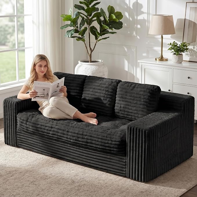 Boneless Couch, Cloud Loveseat Sofa Corduroy Couch in a Box, Upholstered Boneless 3 Seater Couch for Living Room Bedroom Office Apartment, No Assembly Required, Black