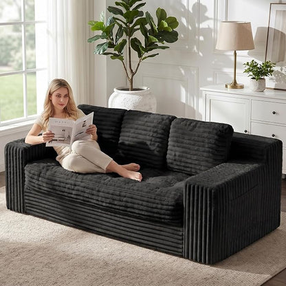 Boneless Couch, Cloud Loveseat Sofa Corduroy Couch in a Box, Upholstered Boneless 3 Seater Couch for Living Room Bedroom Office Apartment, No Assembly Required, Black