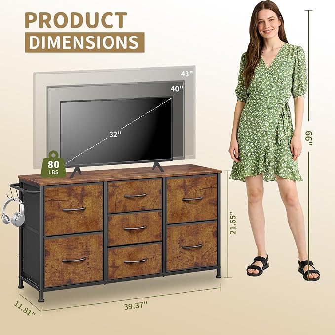Fabric Dresser for Bedroom, Small Dressers for Kids Bedroom, 7 Drawers Dresser for Closet, Storage Organizer Chest of Drawers for Nursery, Dorm, Apartment, TV Stand, Wood Top, Side Hook (Rustic Brown)