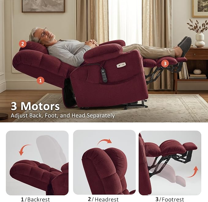 MCombo Triple Motor Lay Flat Power Lift Recliner Chair for Tall Elderly, Infinite Position, Massage, Dual Heating, Adjustable Headrest, Fabric 7634 (Burgundy, Large)
