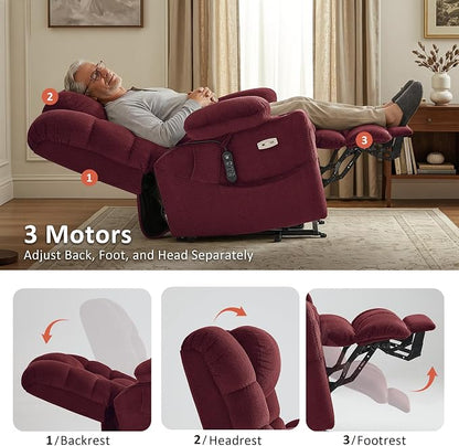 MCombo Triple Motor Lay Flat Power Lift Recliner Chair for Tall Elderly, Infinite Position, Massage, Dual Heating, Adjustable Headrest, Fabric 7634 (Burgundy, Large)