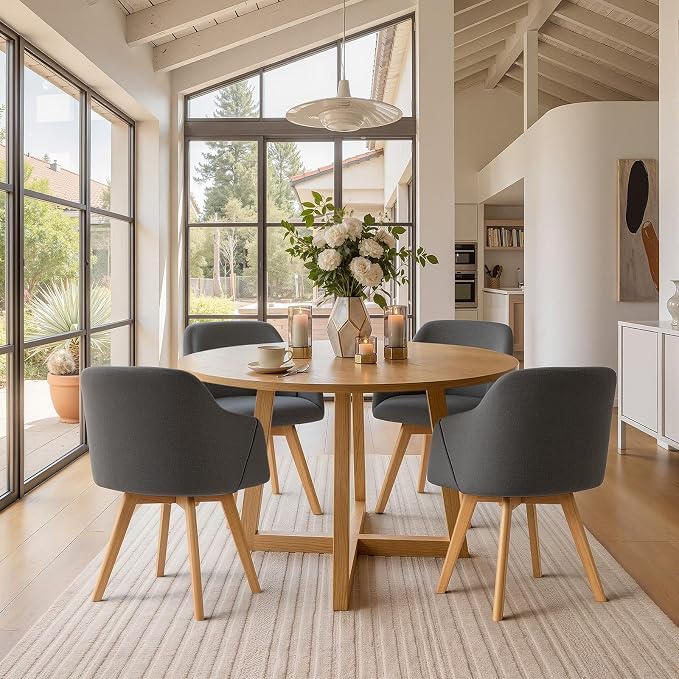 Swivel Dining Chairs Set of 4, Mid Century Modern Dining Chairs with Arms, Linen Fabric Upholstered Kitchen Dining Room Chairs with Solid Wood Legs for Living Room,360°Swivel Accent Desk Chair, Grey