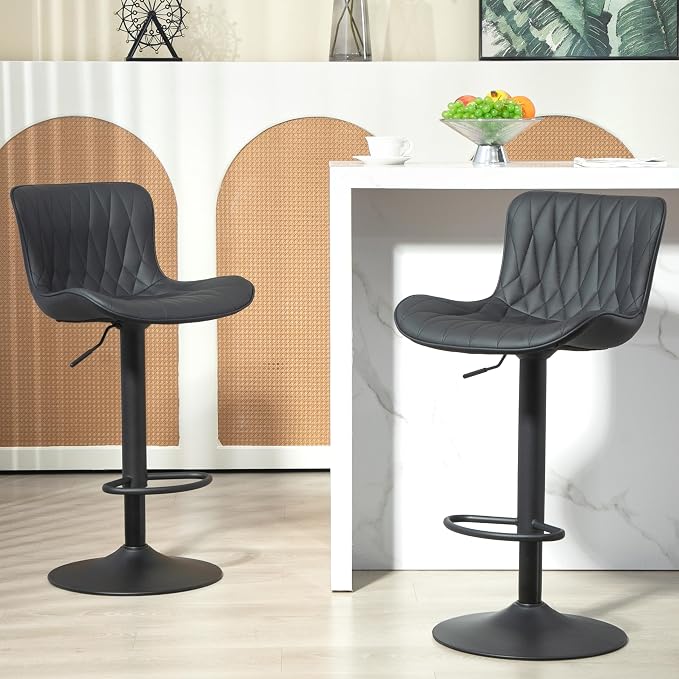 Finnhomy Bar Stools Set of 2, Modern 360° Swivel Faux Leather Bar Stools, 24"-32.5" Seat Height with Back, 330 lbs Capacity, SGS Gas Lift, Upholstered Kitchen Chairs for Kitchen Island, Black