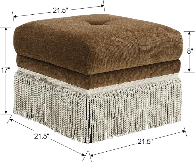 Hyfirm Brown Upholstered Accent Ottoman with Fringe, 22 Inch Square Plush Footstool Ottomans Bench for Bedroom, Modern Boho Pouf Foot Rest for Living Room, Couch