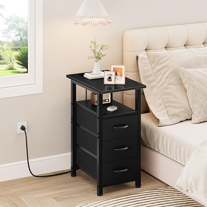 Vagusicc Black End Table with Charging Station Set of 2, Narrow Side Table, Narrow Nightstand with 3 Fabric Drawers, Slim Sofa Side Table for Small Spaces, Small Night Stand for Bedroom, Black