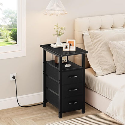 Vagusicc Black End Table with Charging Station Set of 2, Narrow Side Table, Narrow Nightstand with 3 Fabric Drawers, Slim Sofa Side Table for Small Spaces, Small Night Stand for Bedroom, Black