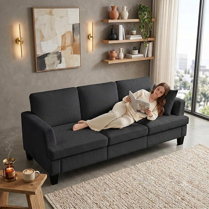 Modern 3 Seater Sofa for Living Room with Soft Deep Seats, Sofa 3 Seater in Linen, Upholstered Apartment Sofa with Armrests, Comfy Cozy Sofas for Bedroom (Corduroy, Dark Gray)
