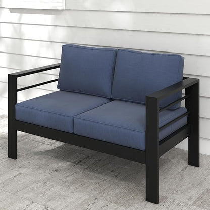 Kiss the Water Loveseat Aluminum Outdoor Patio Sofa Set, All Weather Rust-Proof Metal Patio Couch, Modern Outdoor Furniture for Backyard Porch Garden, 5" Thick Waterproof Olefin Cushions, Light Grey