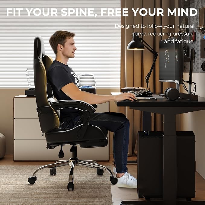 Dowinx Gaming Chair with Footrest, 330lbs Computer Chair 2D Lift Linkage Armrest, Massage Lumbar, Height Adjustable Ergonomic Comfy Video Game Chairs for Home Office Streaming, Long Gaming, Black