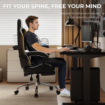 Dowinx Gaming Chair with Footrest, 330lbs Computer Chair 2D Lift Linkage Armrest, Massage Lumbar, Height Adjustable Ergonomic Comfy Video Game Chairs for Home Office Streaming, Long Gaming, Black