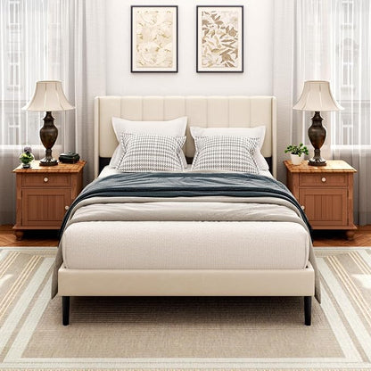Sismplly Full Size Bed Frame with Headboard,Vertical Channel Tufted Wingback No Box Spring Needed, Mattress Foundation, Easy Assembly, Beige
